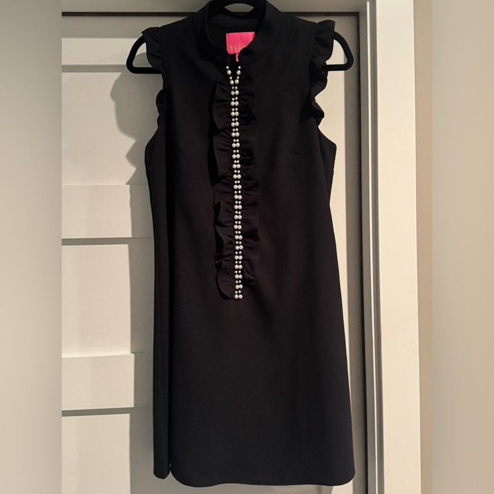 Lilly Pulitzer Black Sheath Mini Dress Mock Neck with pearl detail. Sleeveless